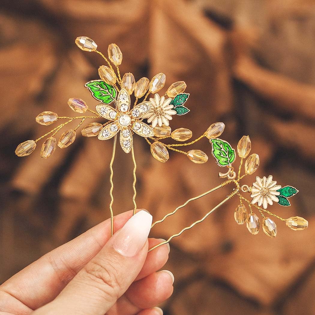 IYOU Daisy Bridal Wedding Hair Pins Gold Flower Head Piece Crystal Bride Bridesmaid Hair Accessories for Women and Girls(Pack of 2)