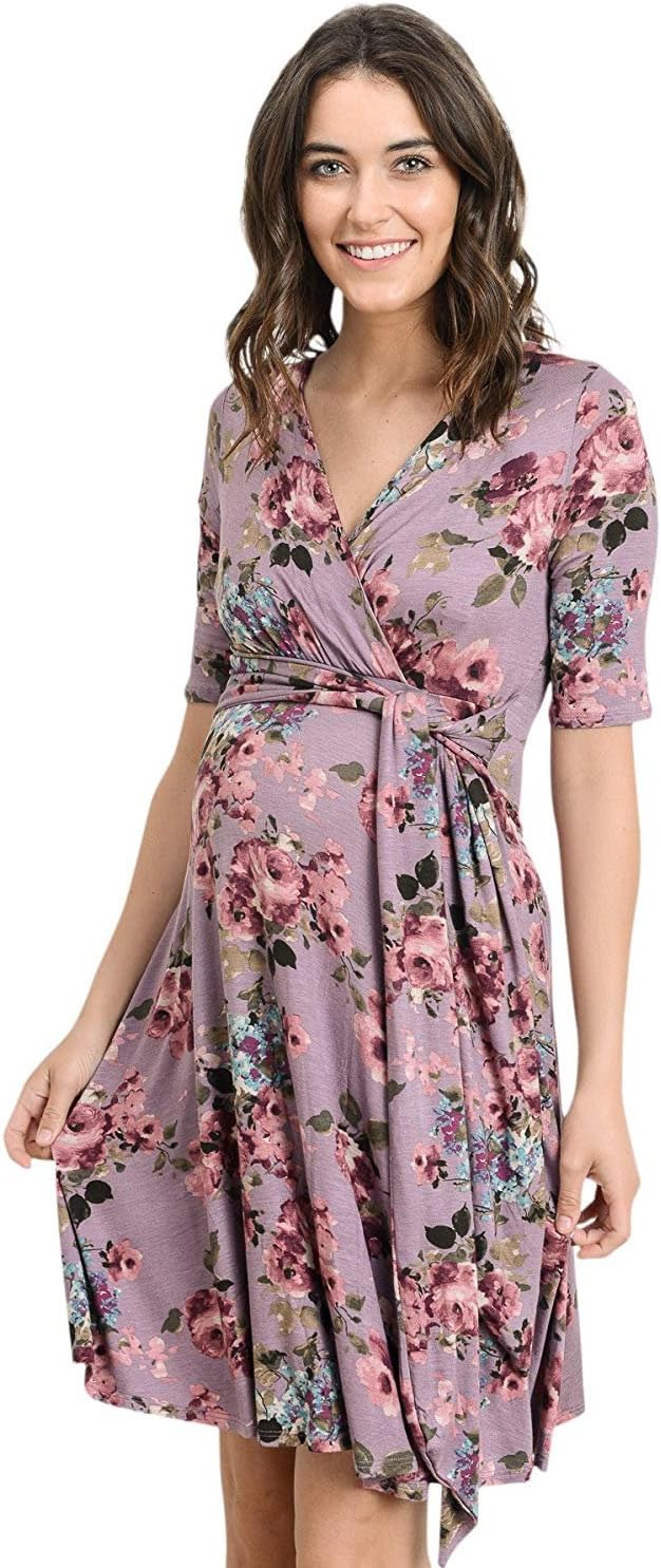 Women's Floral Faux Wrap Side Tie Nursing and Maternity Dress