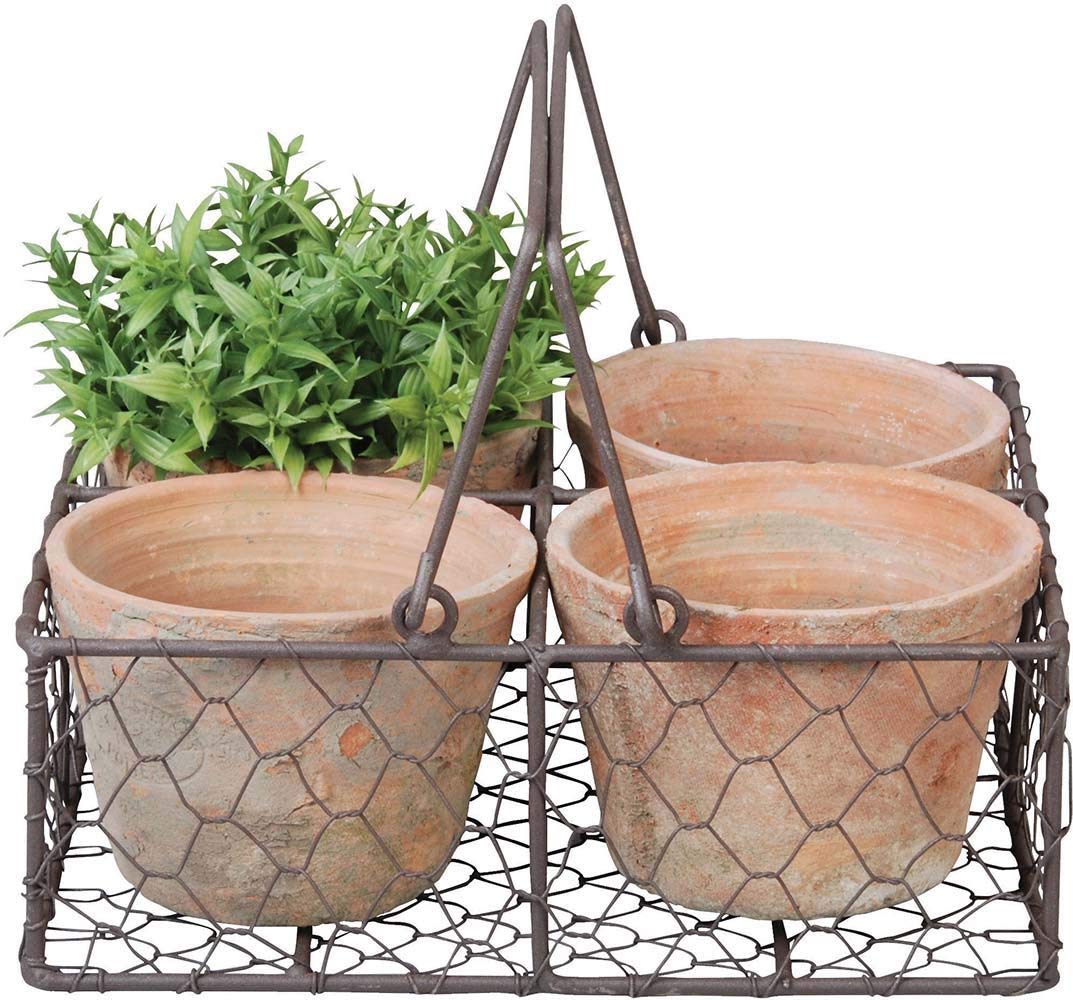 Esschert Design AT12 24 x 24 x 10cm Aged Terracotta 4 Pots in Wire Basket/Handle, Black