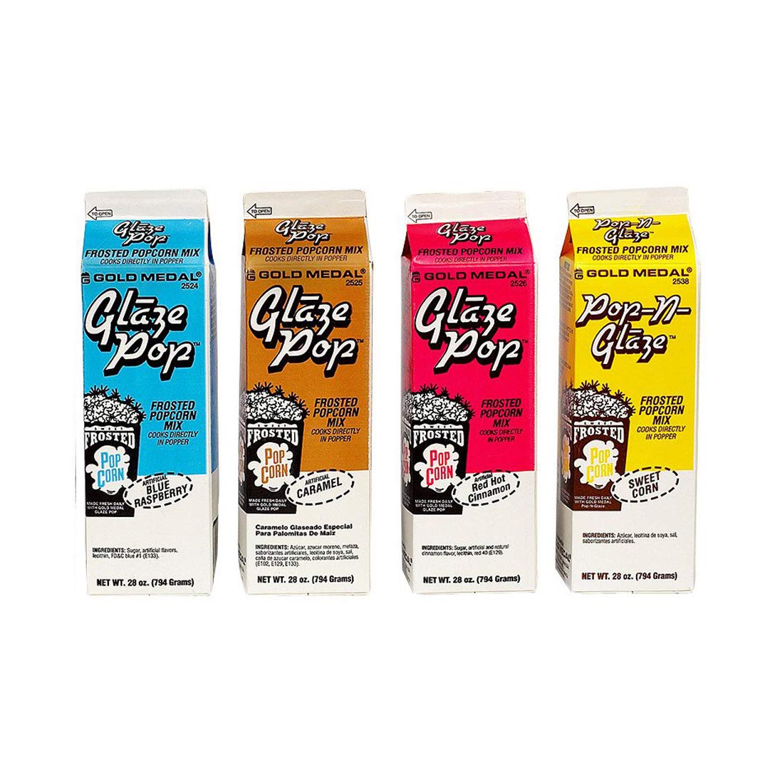 Gold Medal Glaze Pop Popcorn Seasoning Set of 4 Flavours Caramel Sweet corn Blue Raspberry Red Hot Cinnamon by Kitchen Professional