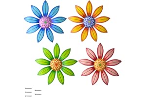 Metal Flower Wall Art - Colorful Floral Decor for Indoor Outdoor Hanging - Home Office Garden Yard Wall Decoration Set (Metal