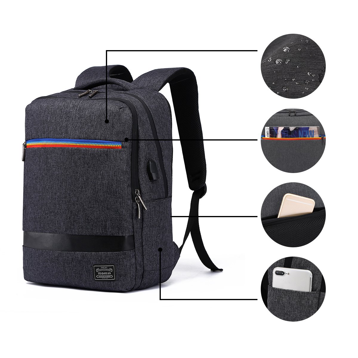 Water Resistant Laptop Backpack Anti-Theft Slim Business Bag with USB Charging Port Fits 15.6 Inch Laptop Notebook Macbook Tablet Computer for College Student Size 11.8\