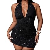 BEAUDRM Women's Plus Size Glitter Halter Mini Dress Y2K Tie Backless Sleeveless Fitted Party Dresses Night Out Clothes Black Large Plus