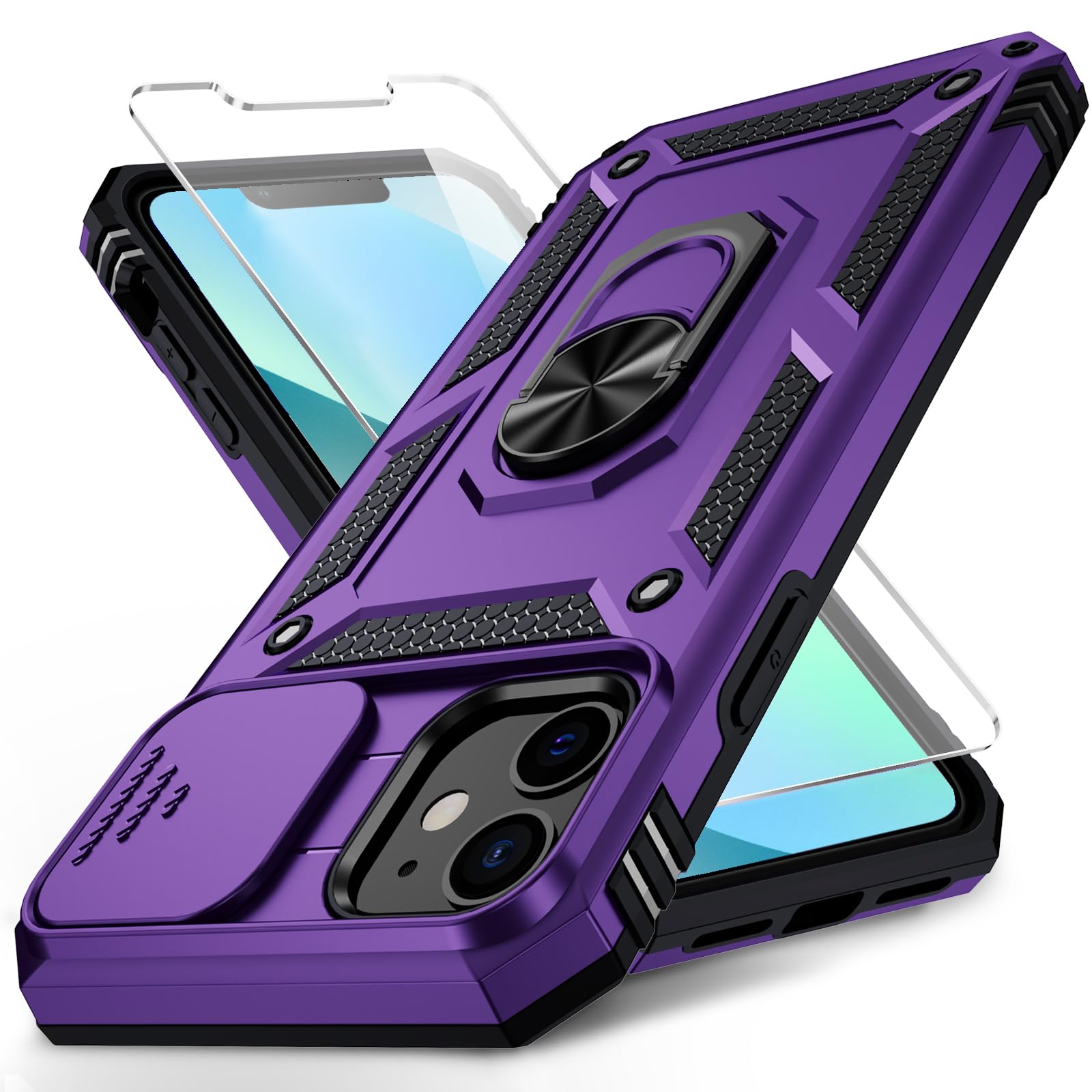 Vinve for iPhone 12 Mini Case with Slide Lens Cover, HD Screen Protector, Military Grade Drop Protection, Magnetic Rotated Ring Holder Kickstand Phone Case for iPhone 12 Mini,Purple