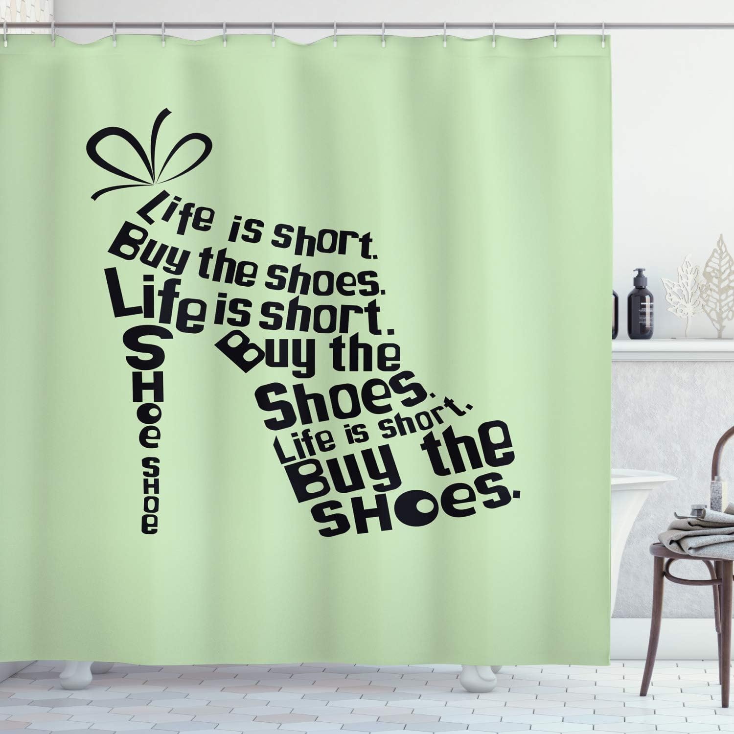 Amazon Com Ambesonne Saying Shower Curtain Fashion Colored Woman Shoe Words Life Is Short Buy The Shoes Cloth Fabric Bathroom Decor Set With Hooks 84 Long Extra Green Black Home Kitchen