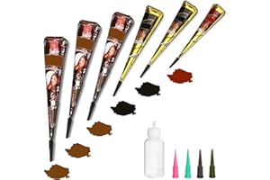YOMAGINE Temporary Tattoos Kit, 6Pcs Semi Permanent Tattoo Paste Cones, India Body DIY Art Painting for Women Men Kids, Summer Trend Freehand Plaste with 3 Colors,20Pcs Adhesive Stencil,1Pc Bottle,4Pcs Nozzles
