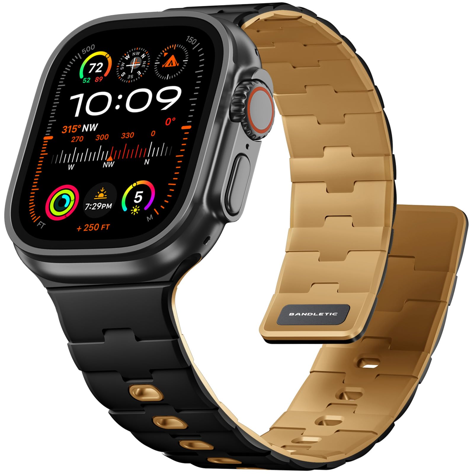 Bandletic Magnetic Silicone Watch Band Compatible with Apple Watch Bands for Men 40mm 41mm 42mm(Series 11 10) 38mm Women, Sport Strong Magnet Strap for iWatch Series 9 8 7 6 5 4 SE 3 2 1, Black/Ochre