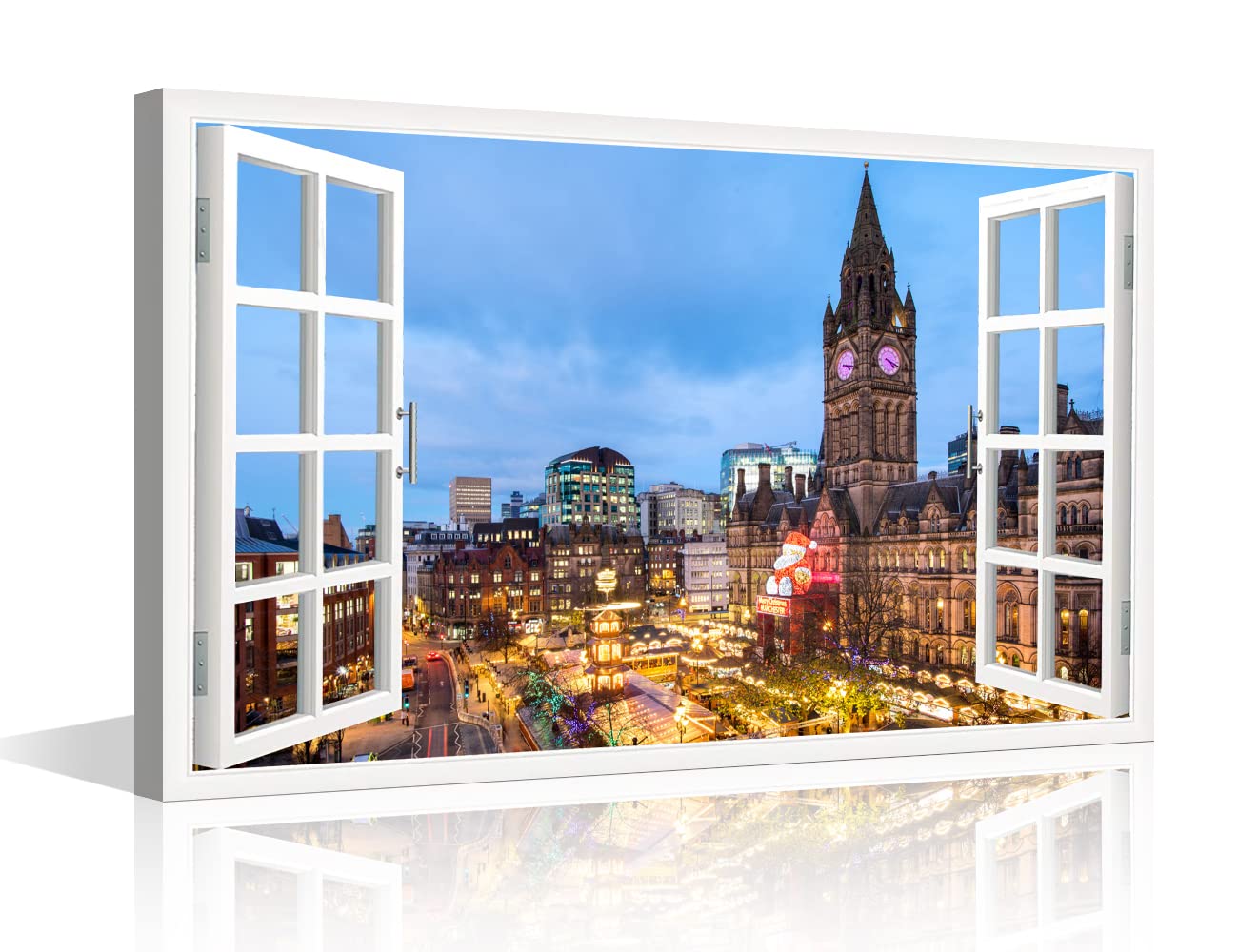3D Window Effect Manchester Canvas Prints Wall Decor Albert Square Cityscape Poster Wall Art Print for Bedroom Living Room Bathroom Office Home Decorations Framed Ready to Hang - 24"W x 16"H
