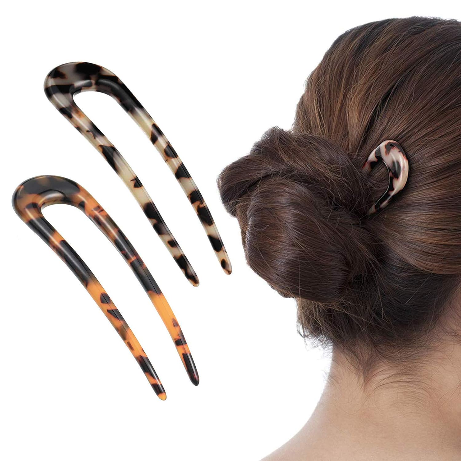 [2 Pack] Benefree French Style Cellulose Acetate Tortoise Shell U Shaped Hair Pin Fork 2 Prong Updo Chignon Pin for Women Girls Hairstyle Accessories（Tortoiseshell and White Tortoiseshell) : Beauty