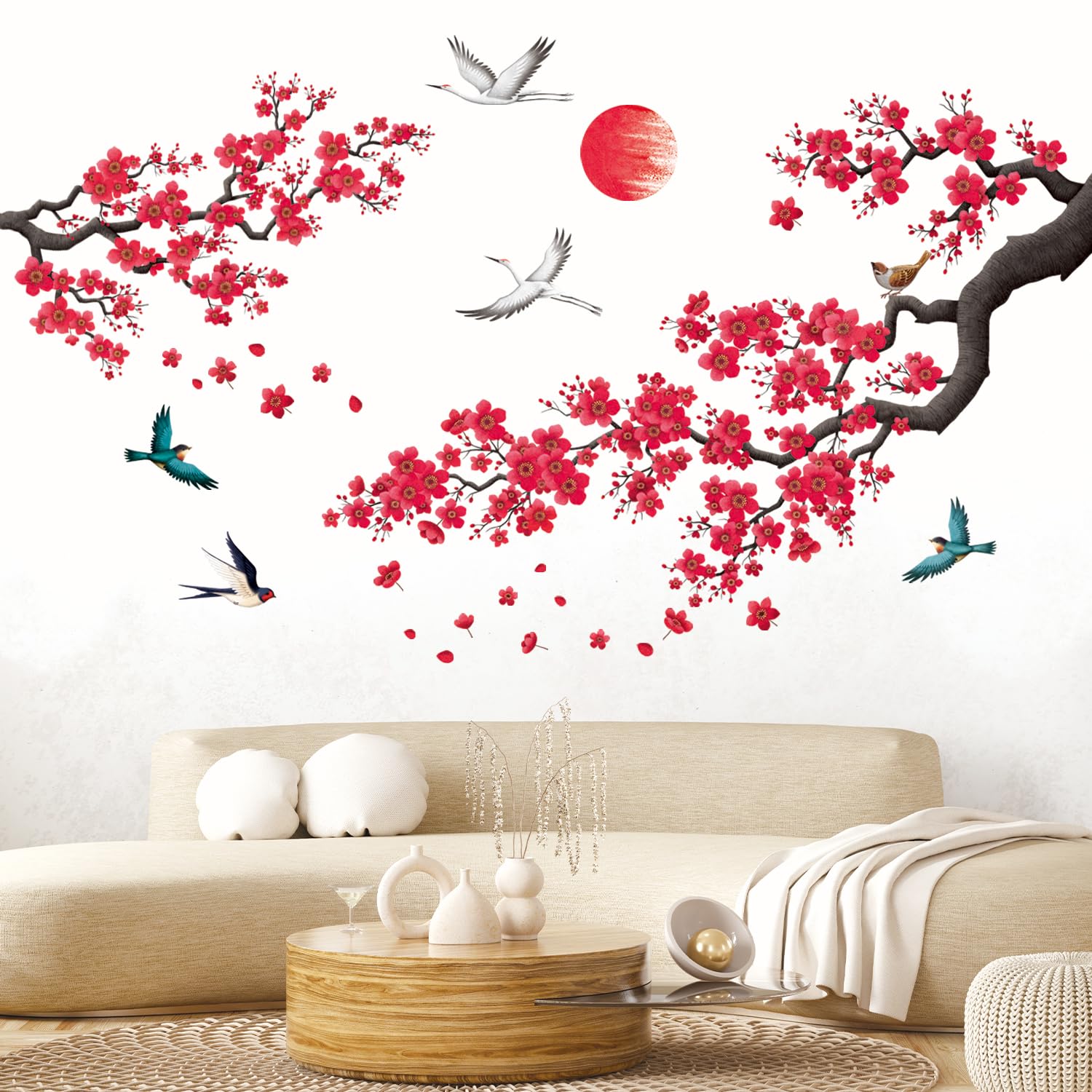 DECOWALL Watercolor Flower Branch Wall Stickers with Birds – Cherry Blossom Tree Decals for Bedroom, Living Room, Sofa & Office Home Décor (SG2-2406)