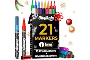 Chalkola Extra Fine Tip Chalk Markers for Blackboard & Glass (Pack of 21, 1mm Tip) | Washable Liquid Chalk Pens for Dry Erase Board, Car Windows, Acrylic Calendar | Thin Chalkboard Markers Erasable