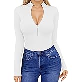 HERLOLLYCHIPS Womens Long Sleeve Tops Short Sleeve V Neck Zip Up Mock Turtle Neck Ribbed Sexy Casual Shirts