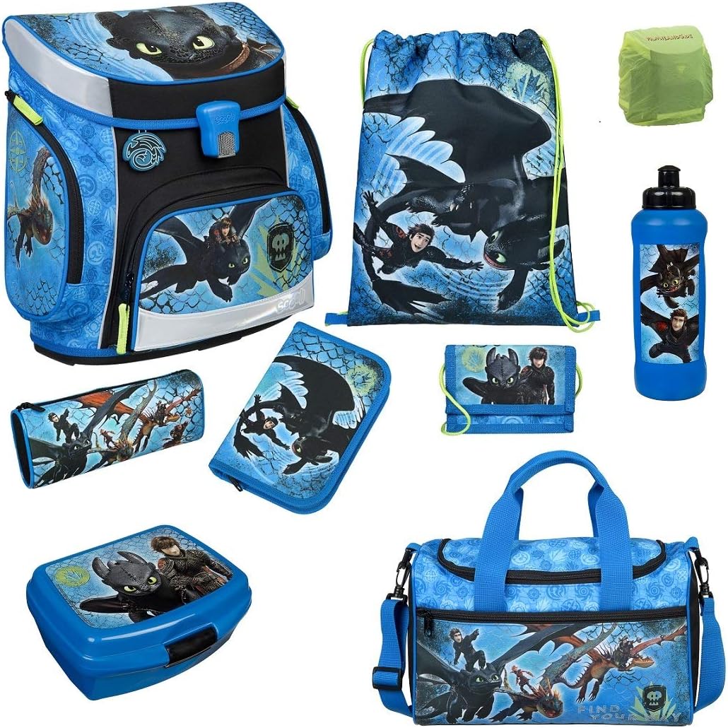 Dragon-Dragon School Satchel Set 9–Piece School cone 85 CM, Sports-Bag with rain cover / protective case, pencil case, Scooli DGLN8251