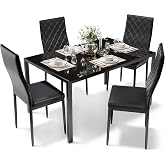 Sino Salected Dining Table Set for 4, Kitchen Table and Chairs Set of 4, 5 Piece Modern Dining Room Table Set with Tempered Glass Top and PU Leather Chairs for Small Space, Apartment, Black