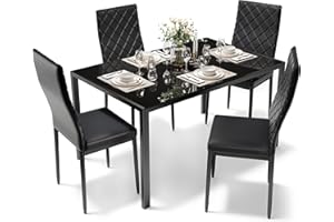 Sino Salected Dining Table Set for 4, Kitchen Table and Chairs Set of 4, 5 Piece Modern Dining Room Table Set with Tempered Glass Top and PU Leather Chairs for Small Space, Apartment, Black