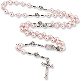 Nazareth Store Pearl Beads Rosary Metal Mystery Roses with Hematite stones, Catholic Rosary Necklace Our Rose Lourdes Medal & Cross Crucifix