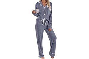 LILLUSORY Women's Long Sleeve Pajama Set - Soft Button-Down Top & Comfortable Drawstring Pants with Pockets
