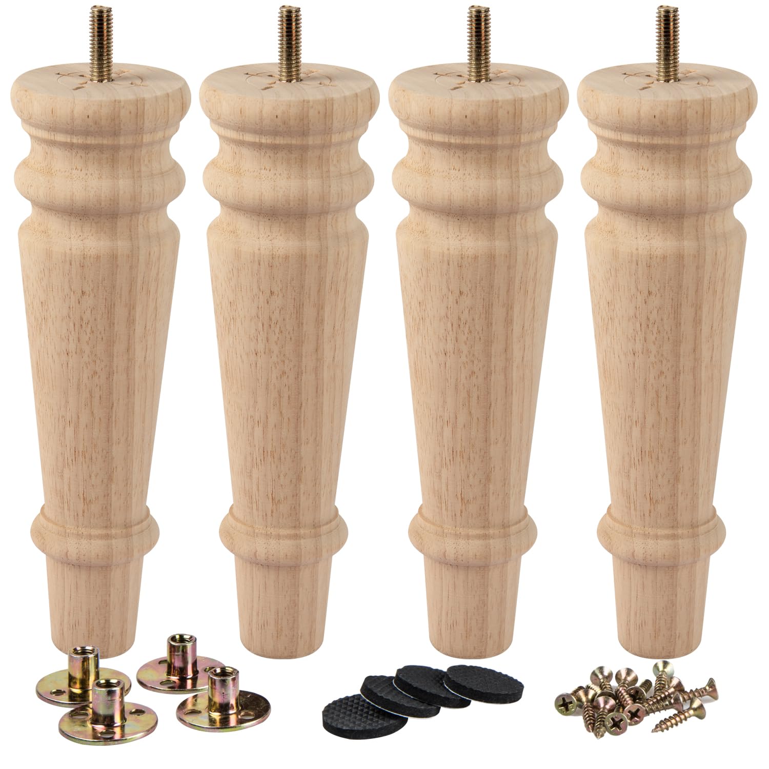 La Vane 8 Inch Unfinished Solid Wood Furniture Legs (20cm) - 4PCS Spindle Spool Feet with Pre-Drilled M8 Bolt & Mounting Plate for Sofa, Couch, Chair, Ottoman Replacement