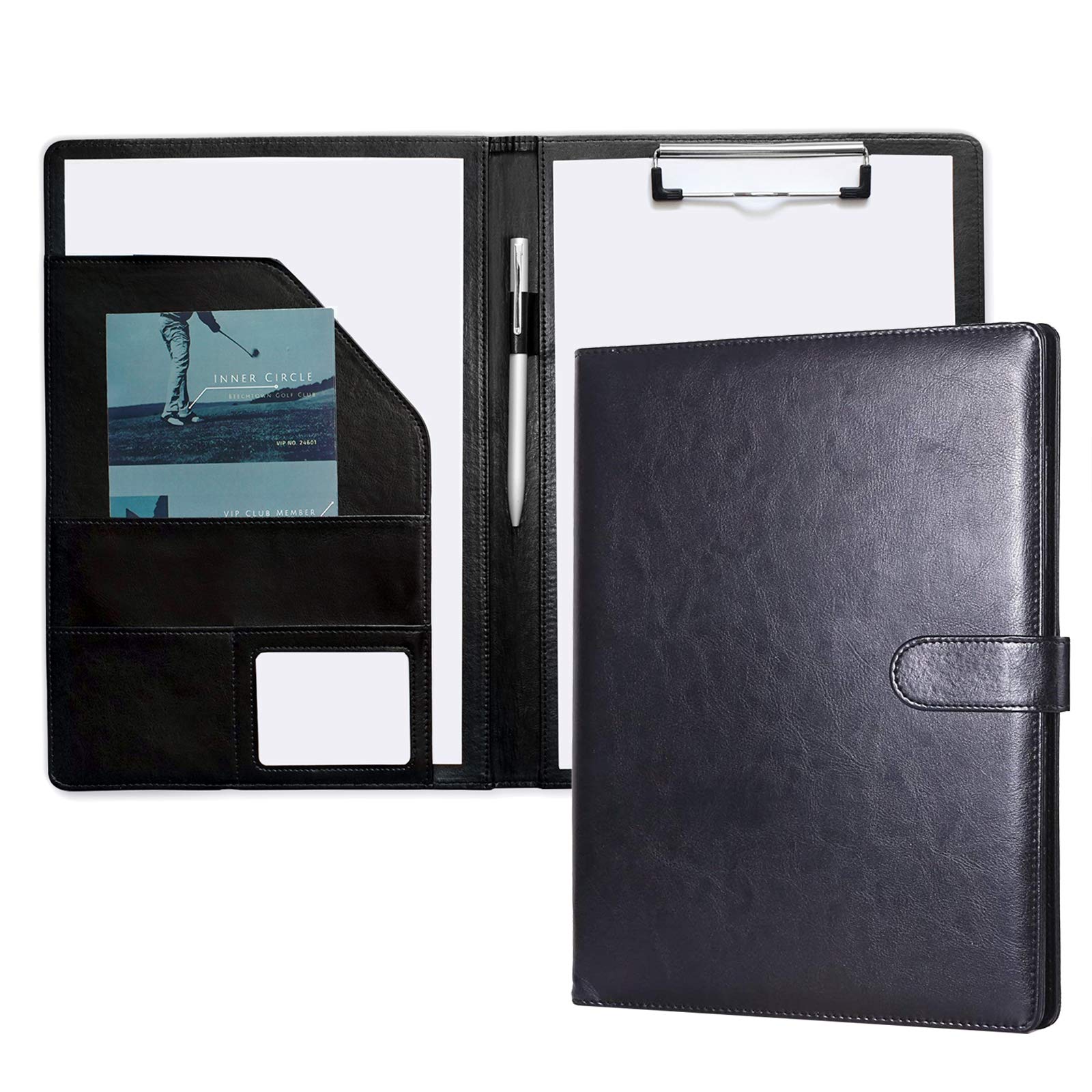 Folder A4 Clipboard Folder Conference for Legal Pad, Faux Leather Folder Work Writing Foldover Clipboard with Cover, Portfolio Organiser A4 Folio Clip Board (Black)