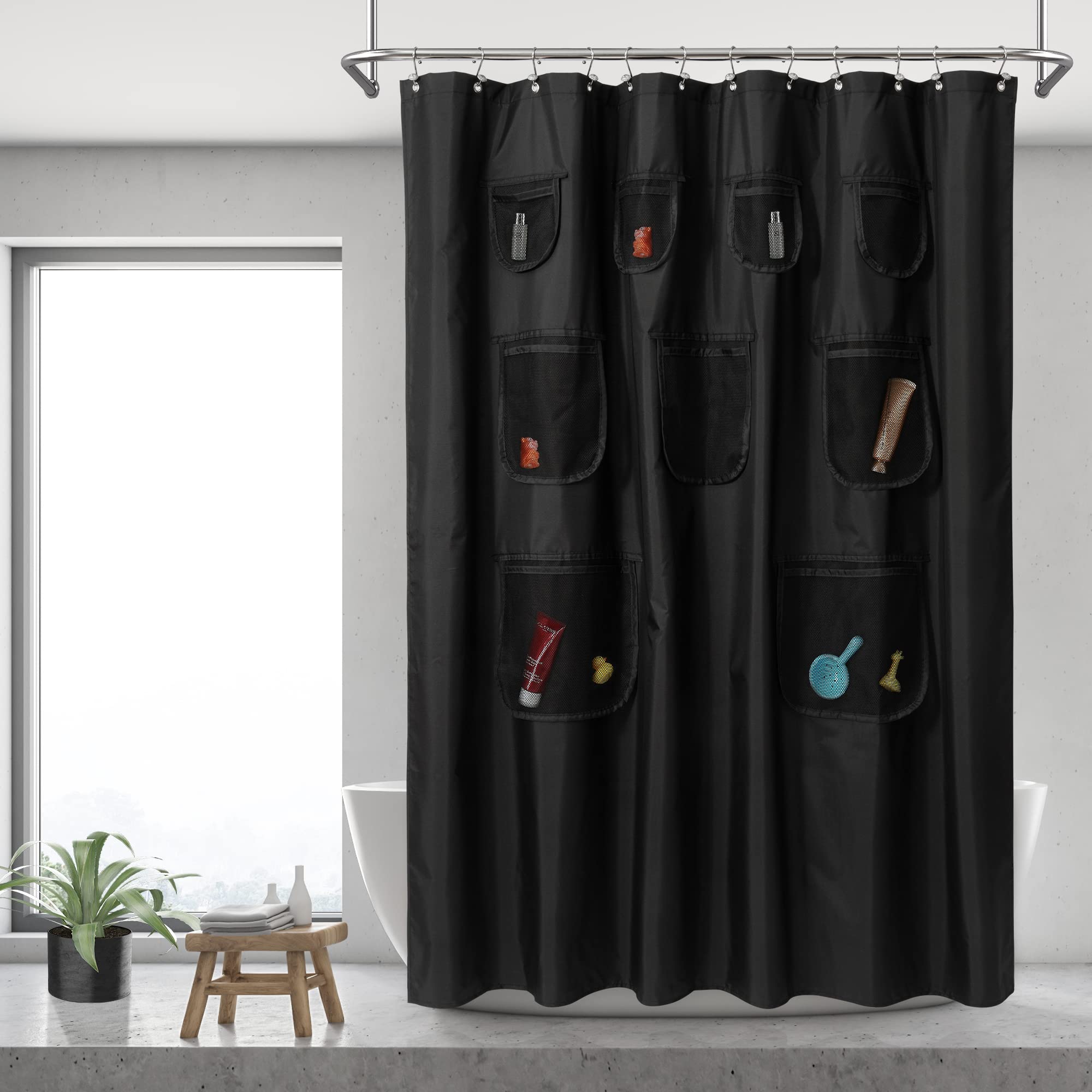 N&Y HOME Waterproof Fabric Shower Curtain or Liner with 9 Mesh Pockets - Black, 71x72 Inches