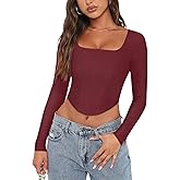 REORIA Womens Trendy Sexy Square Neck Long Sleeve Backless Y2K Going Out Boned Bustier Corset Crop Tops