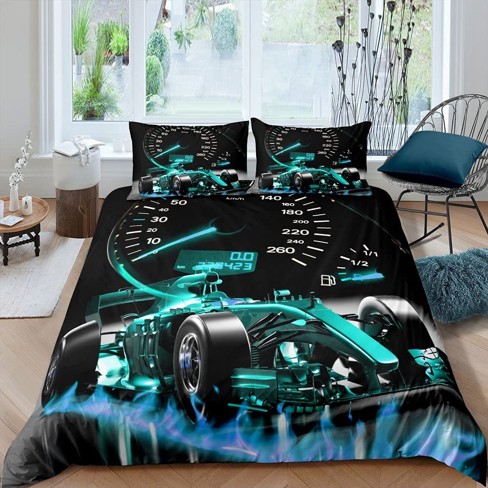 Sports Car Bedding Set Formula Race Car Duvet Cover for Kids Boys Girls Extreme Sports Comforter Cover Cool Speed Teal Blue Bedding & Linen 3Pcs King Size
