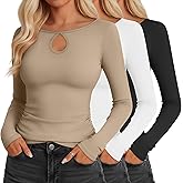 Velvelhall 3 Pack Women's Long Sleeve Cutout Neck Keyhole Knit Shirts Slim Fit Stretchy Going Out Y2k Tops with Side Ruched