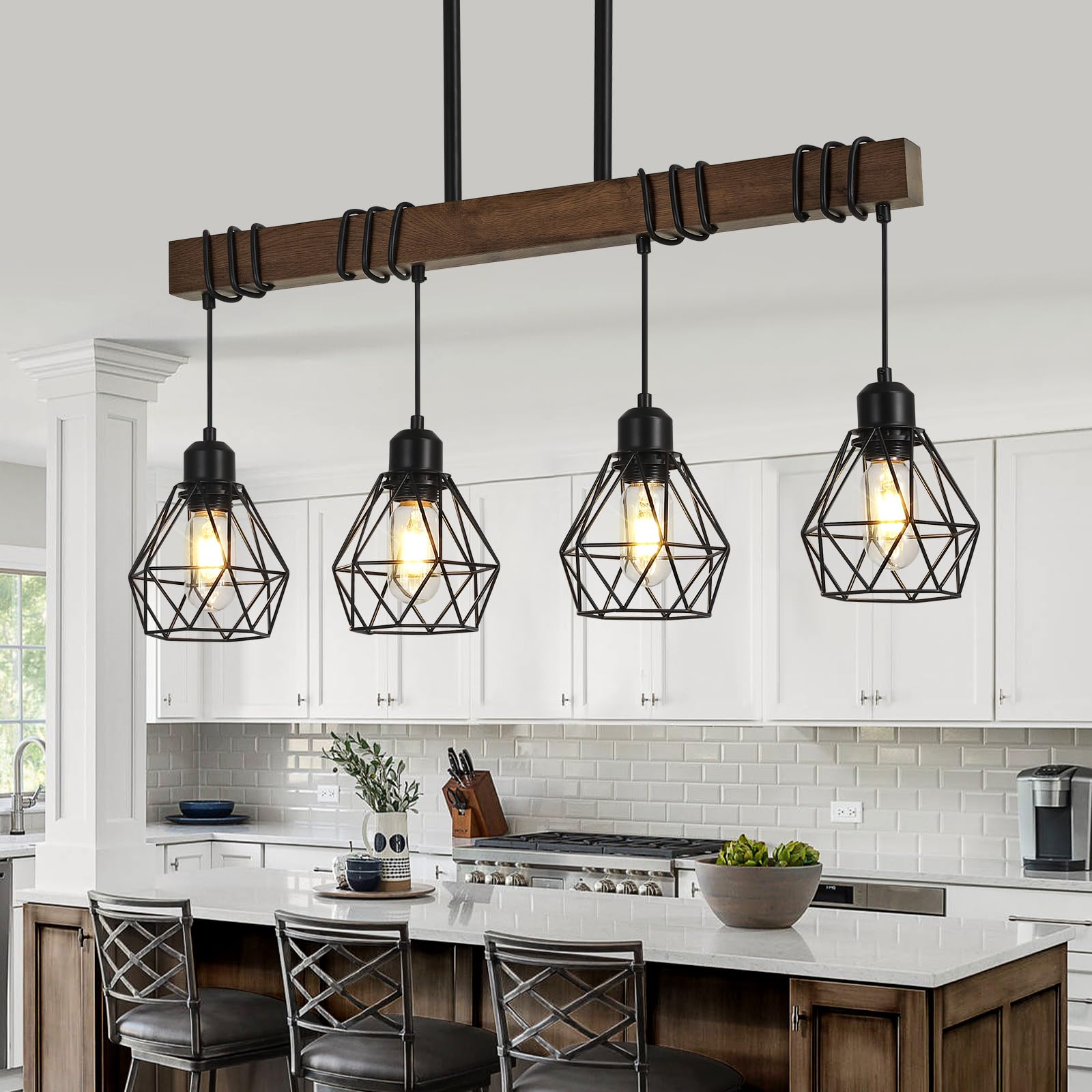 Photo 1 of ** BRAND NEW ITEM / MANUAL AND HARDWARE INCLUDED** 29.5 ‘’ 4-Light Kitchen Chandeliers Over Table, Farmhouse Black Dining Room Light Fixture, Linear Rustic Wood Ceiling Pendant Island Light Fixtures with Metal Lampshade, Height Adjustable