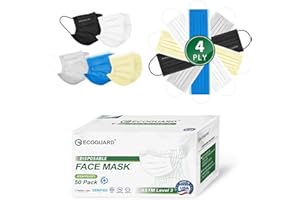 EG EcoGuard Face Masks Made in USA - Multicolor Disposable Mask for Adults Community - 4 Ply ASTM Level 3 with Elastic Earloop & Adjustable Nose Wire Breathable - FSA & HSA Eligible - 5 Color 50 Count