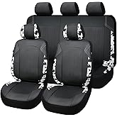 Flying Banner Synthetic Leather car seat Covers Full Set Front and Rear Bench Fashion Easy Installation Cup Holder Free (Black & Cow Print, Low Bucket - Full Set)