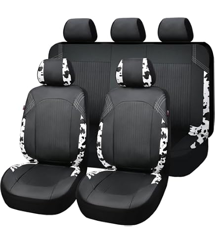 BBTO 26 Pcs Cow Print Car Accessories Cow Print Seat Covers Set Steering Wheel Cup Holders Foot Armrest Pads License Plate Seat Belt Mirror Handbrake Gear Cover Keyring For Truck SUV