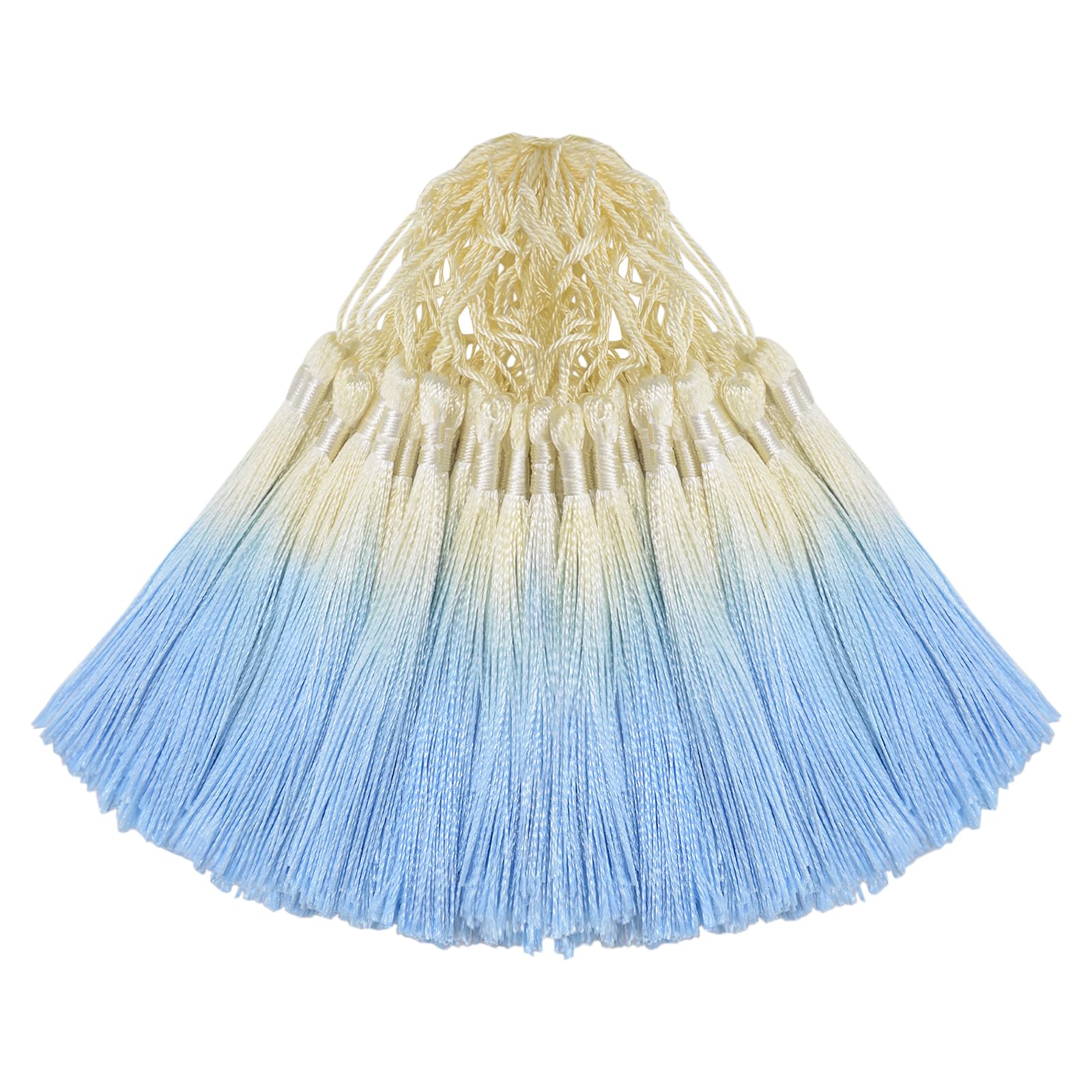 50PCS Mini Silk Tassel for Craft DIY Bookmark Cute Jewellery Making Beaded, Girl Earring, Keyring, Graduation, Small Key, Long Ribbon Fabric Sewing, Curtain Trim Door Home Decor (Beige Bule)