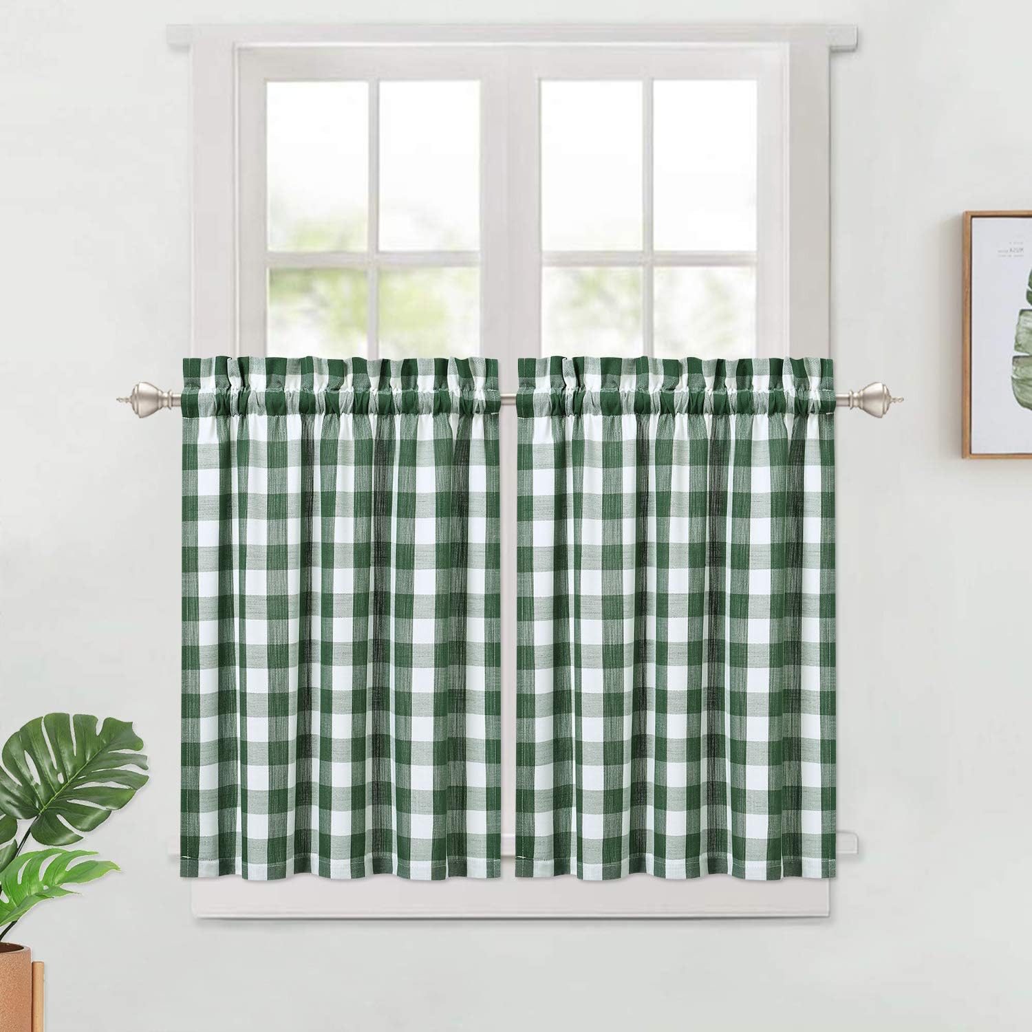 Kitchen Curtains, Sage Buffalo Plaid Small Tier Curtains Bathroom Window Curtains, 30 Inch Check Gingham Design Farmhouse Café Curtain Set, 28" x 30", Sage/White, Set of 2