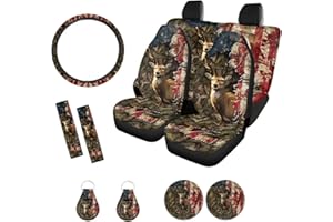 Suobstales Deer Camo Print Car Seat Covers Full Set for Women Men Retro American Flag Seat Cover Protector Auto Decorative with Steering Wheel Cover +Seat Belt Covers +Coasters +Keychains