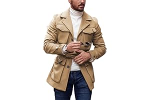 Pretifeel Mens Trench Coat Slim Fit Wool Blends Business Lapel Belted Overcoat Winter Casual Peacoat Jacket
