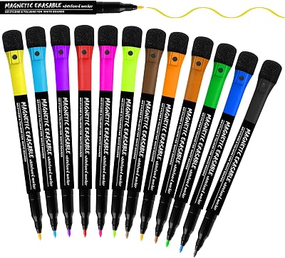 CNMTCCO 12 Magnetic Whiteboard Markers & Eraser Set Fine Tip Dry Wipe Pens