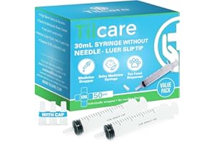 30ml Oral Dispenser Syringe with Cover 50 Pack by Tilcare - Luer Slip Sterile Plastic Medicine Food Droppers for Children, Pets & Adults – Latex-free Medication Dispenser - Large Feeding Tube Syringes