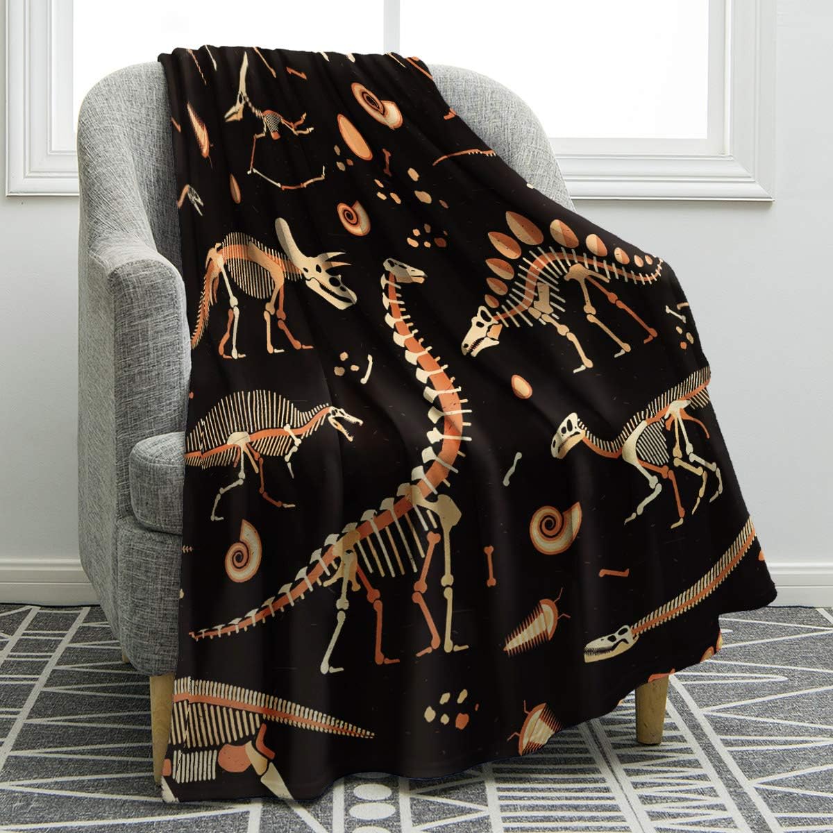 Jekeno Dinosaur Skull Blanket Smooth Soft Print Black Blanket Kid Baby for Sofa Chair Bed Office Travelling Camping 50"x60"