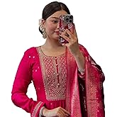 Womentus Women's Anarkali Kurta Set, Red with Yellow Dupatta, Embroidered Neckline, Indian Ethnic Wear