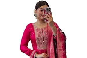 Womentus Women's Anarkali Kurta Set, Red with Yellow Dupatta, Embroidered Neckline, Indian Ethnic Wear