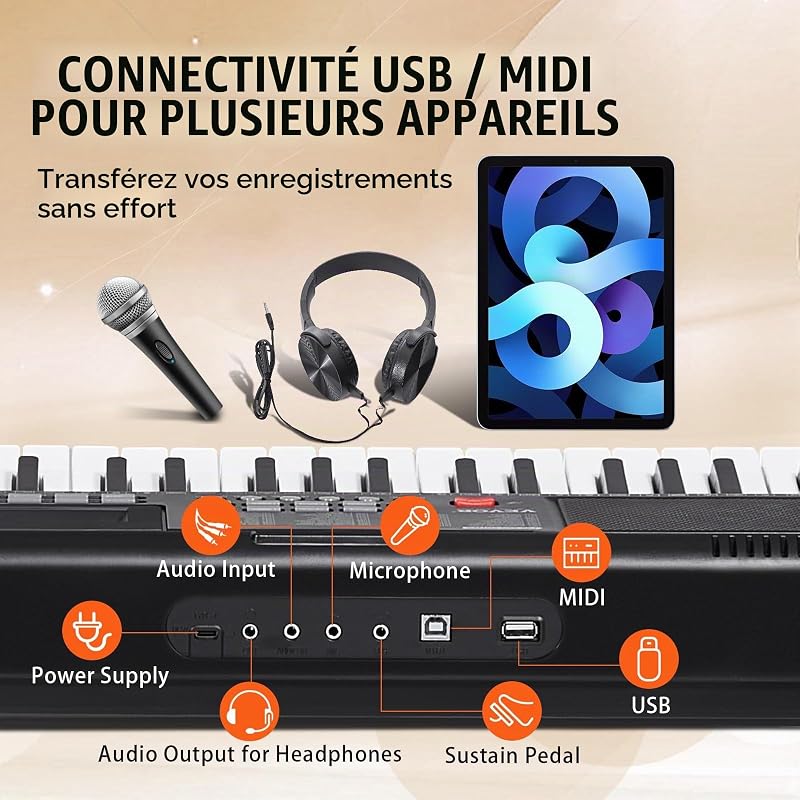 Clavier Piano Numérique, 61 Touches, Piano à Clavier Électrique Portable, Support, 600 Tons, 500 Rythmes, Haut-parleurs Intégrés, Pédale de Sustain, Casque, Microphone, USB MIDI, pour Débutants