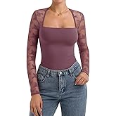 PINKMSTYLE Women Sexy Square Neck Lace Long Sleeve Tops Slim Fit Double Lined Trendy Y2K Going Out Fall Shirts
