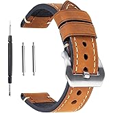 Berfine Brown 22mm Genuine Leather Wristwatch Watch Band Oil Tan Vintage Watchband for Men with Stainless Buckle