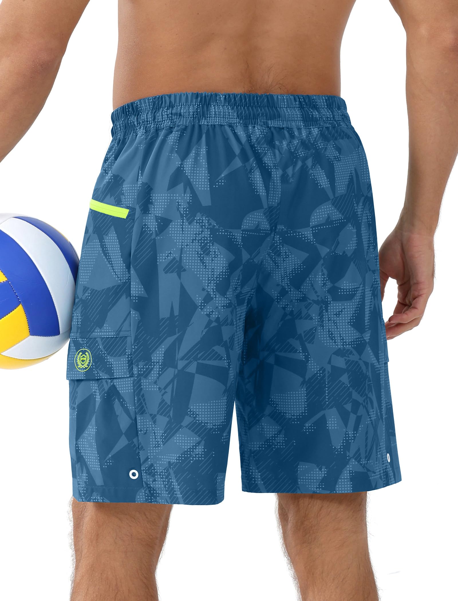 APTRO Badehose Herren ohne Futter Schnelltrocknend Lang Sporthose Badeshorts mit Reißverschlusstasche und Verstellbarem Tunnelzug Tiefblau Geometrie L 6
