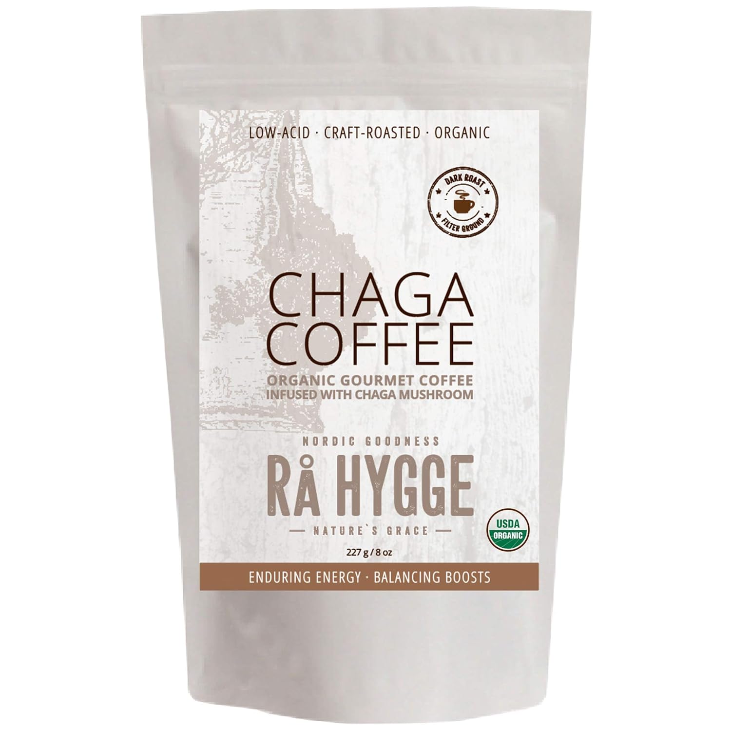 RaHygge |USDA-Organic| Chaga Mushroom Coffee - Ground, Dark Roast, Low-Acid (8oz) &bull; [3 Varieties, High 30% Polysaccharides + 3% Tripenes Mushroom Extract, Powerful Immune/Energy Boost]