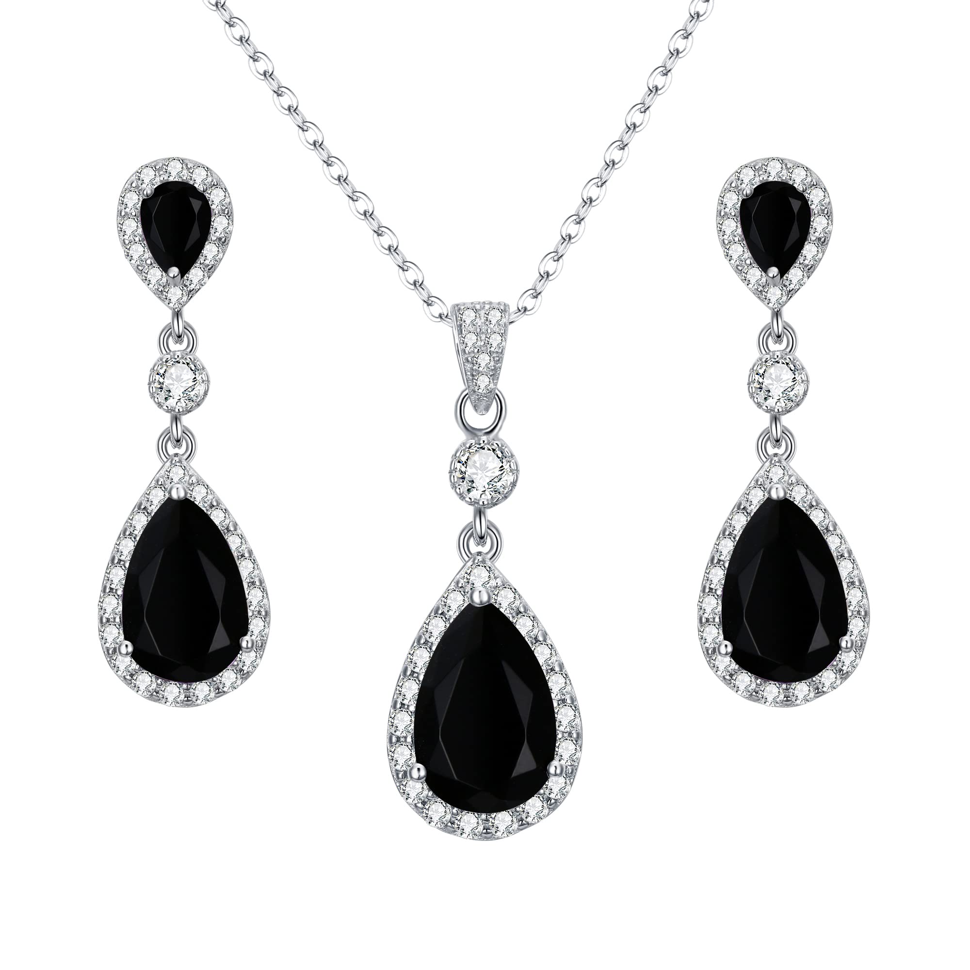Clearine 925 Sterling Silver Wedding Bridal Black CZ Infinity Teardrop Pendant Necklace Dangle Earrings Set Jewellery Gift for Women Mum Wife Girlfriend Birthday Mothers Day Valentines Christmas
