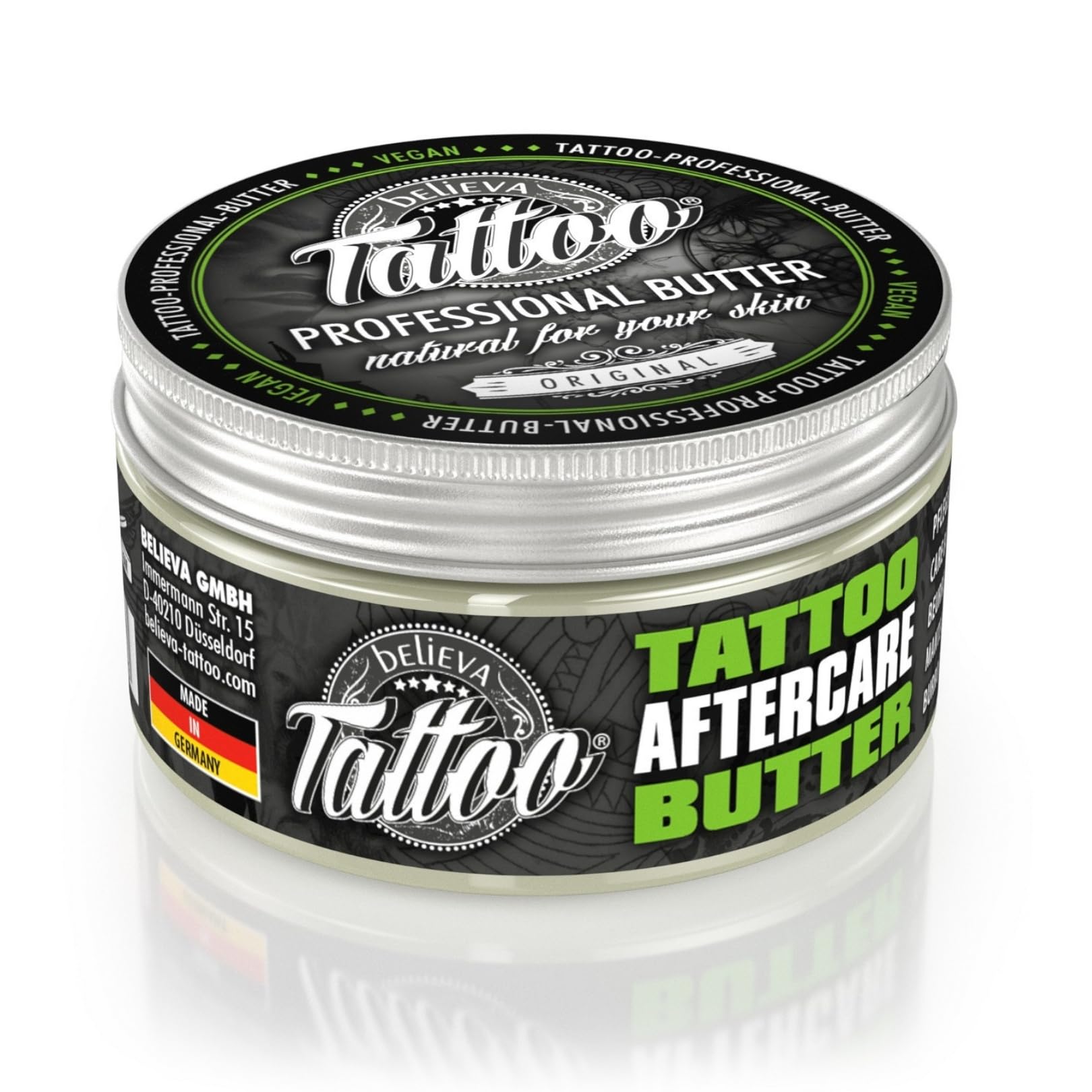 Believa Tattoo - Professional Butter Care for Your tattoo - 100% vegan tattoo care - Tattoo balm for use before, during and after tattooing - Made in Germany - 100ml