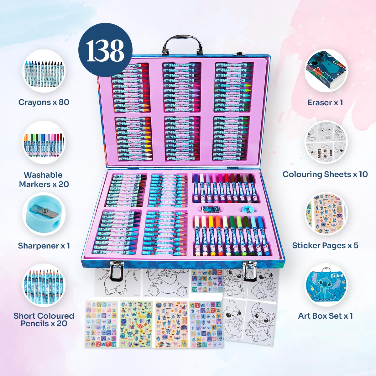 Disney Stitch Colored Pencils Art Supplies Kids Drawing Kit School Supplies Crayons Markers Coloring Sheets Art Kit Gifts for Kids Girls (Multi Stitch Set)
