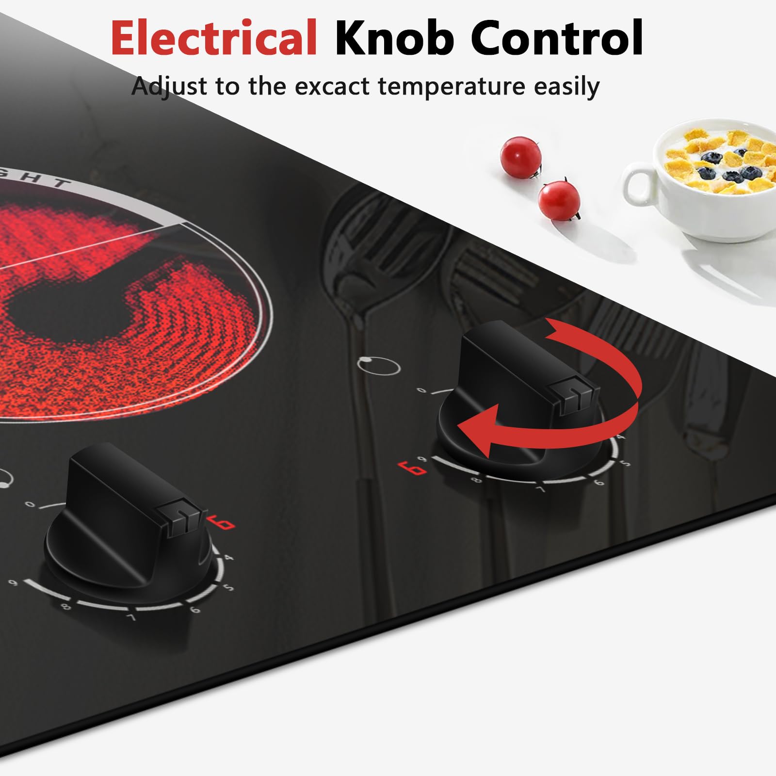 Cooksir 2 Burner Electric Cooktop - 110v Countertop and Built-in Electric Stove 2000W, 12 Inch Ceramic Stove with Residual Heat Indicator, Over-Temperature Protection, Knob Control, 110-120V Plug in