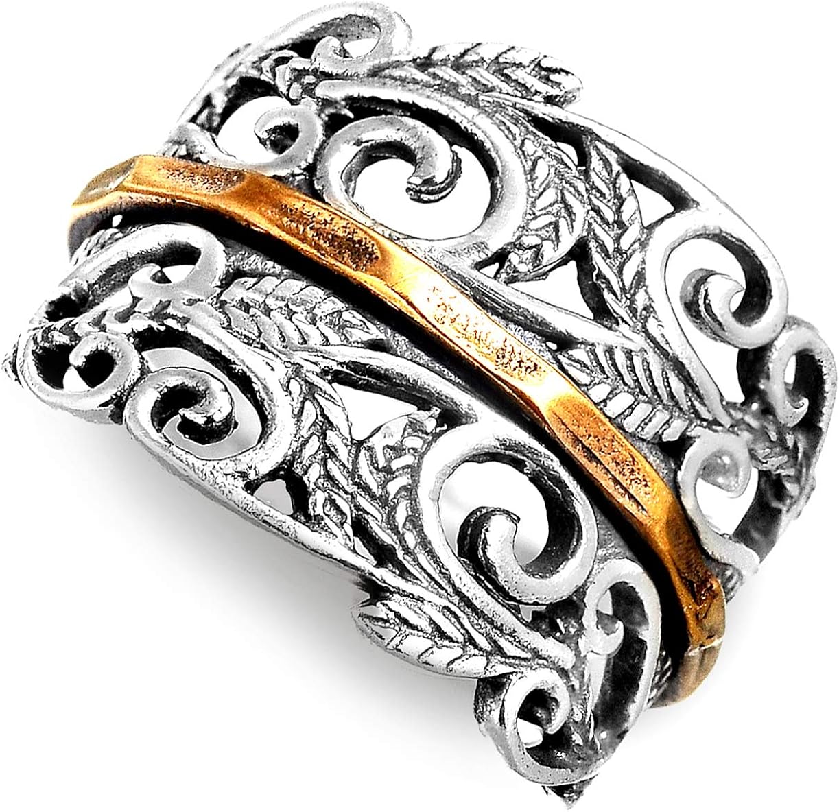Boho-Magic 925 Sterling Silver Spinner Ring with Brass Spinning Ring for Women | Nature Leaves Fidget Meditation Anxiety Wide Band | Statement Chunky Jewelry Size 6-10